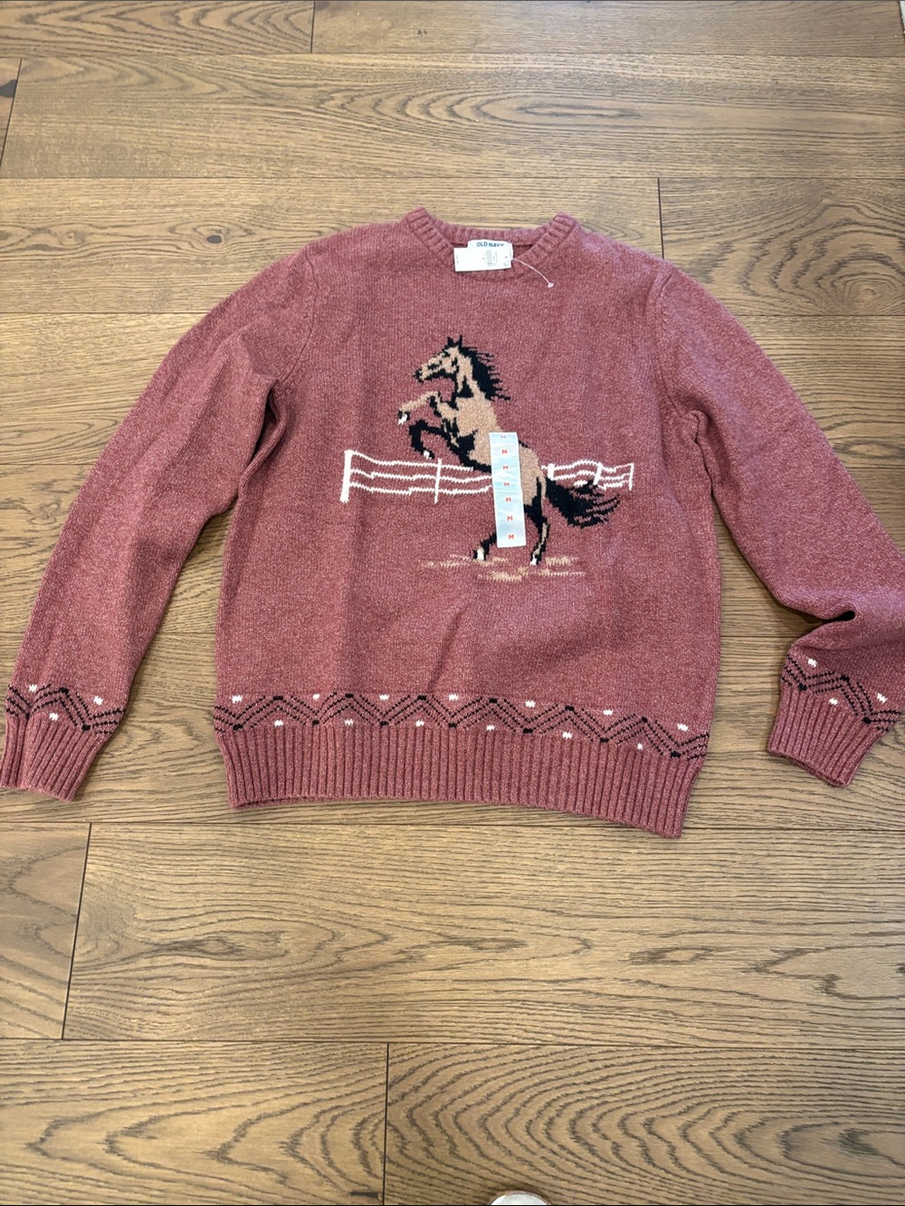 Old Navy Rose-Brown Horse Intarsia Crewneck Sweater